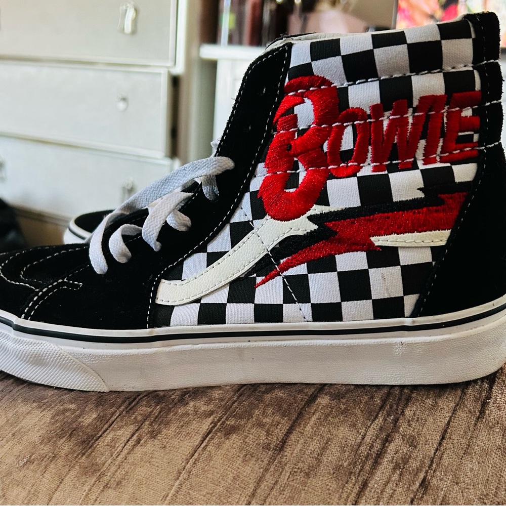 David Bowie x Vans Limited Checkered High Top Sneakers with Red Accents